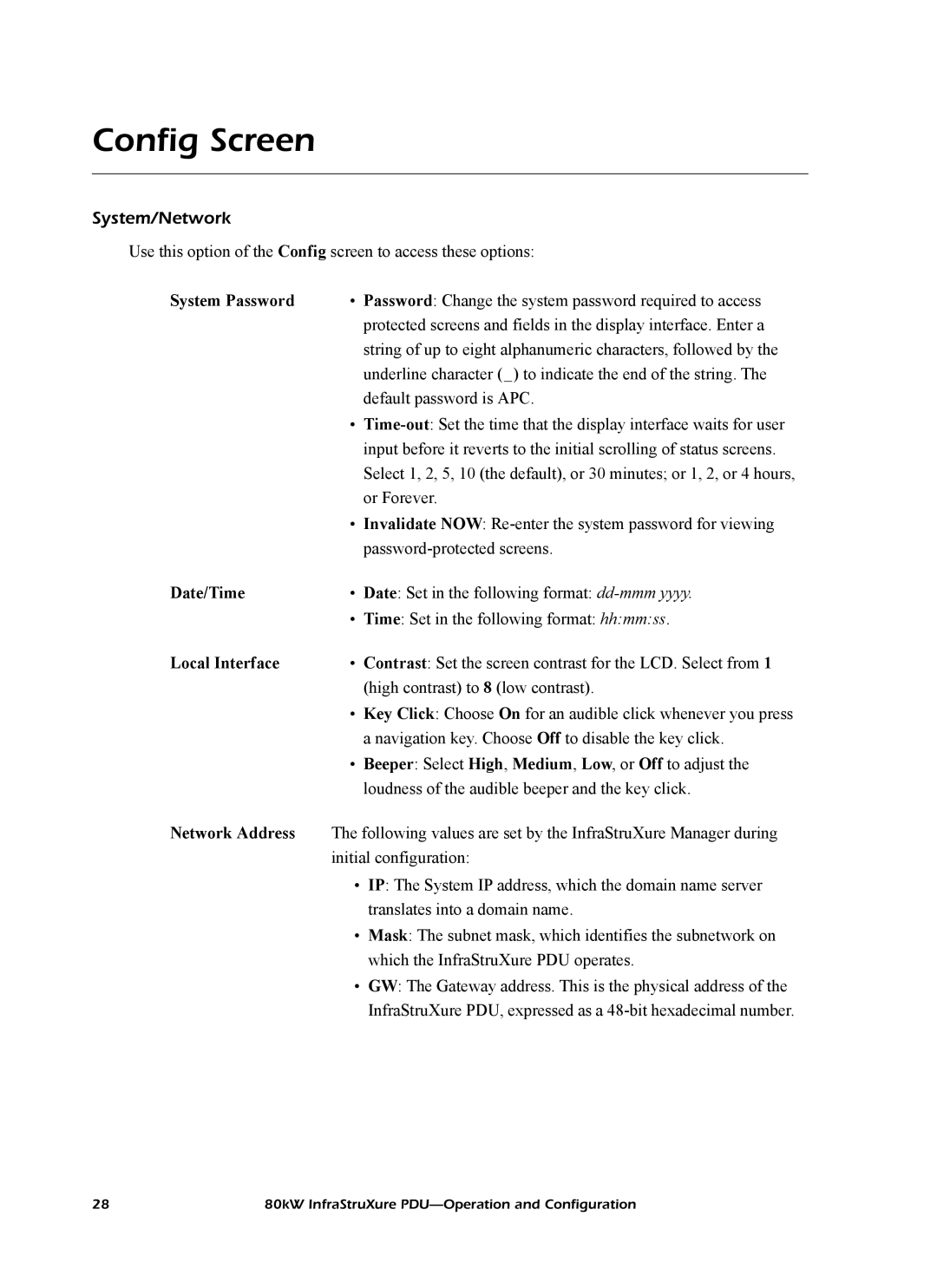 American Power Conversion PD80KG6FK1-M manual Config Screen, System/Network, System Password, Date/Time, Local Interface 