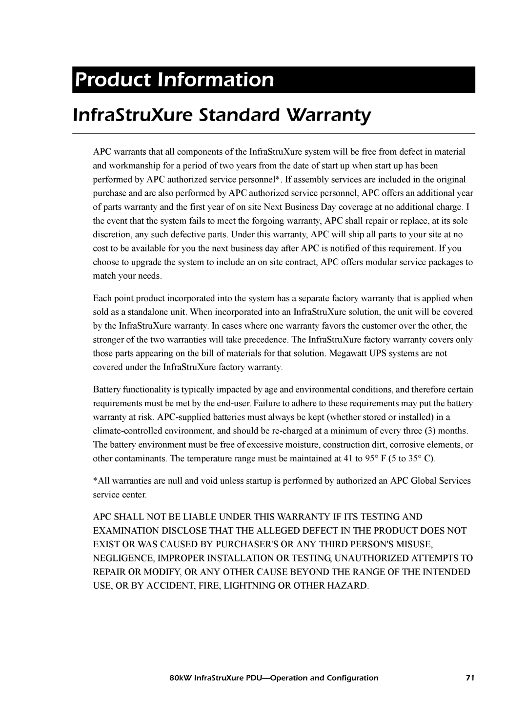 American Power Conversion PD80KF6FK1-M, PD80KG6FK1-M, PD80KL6FK1-M Product Information, InfraStruXure Standard Warranty 