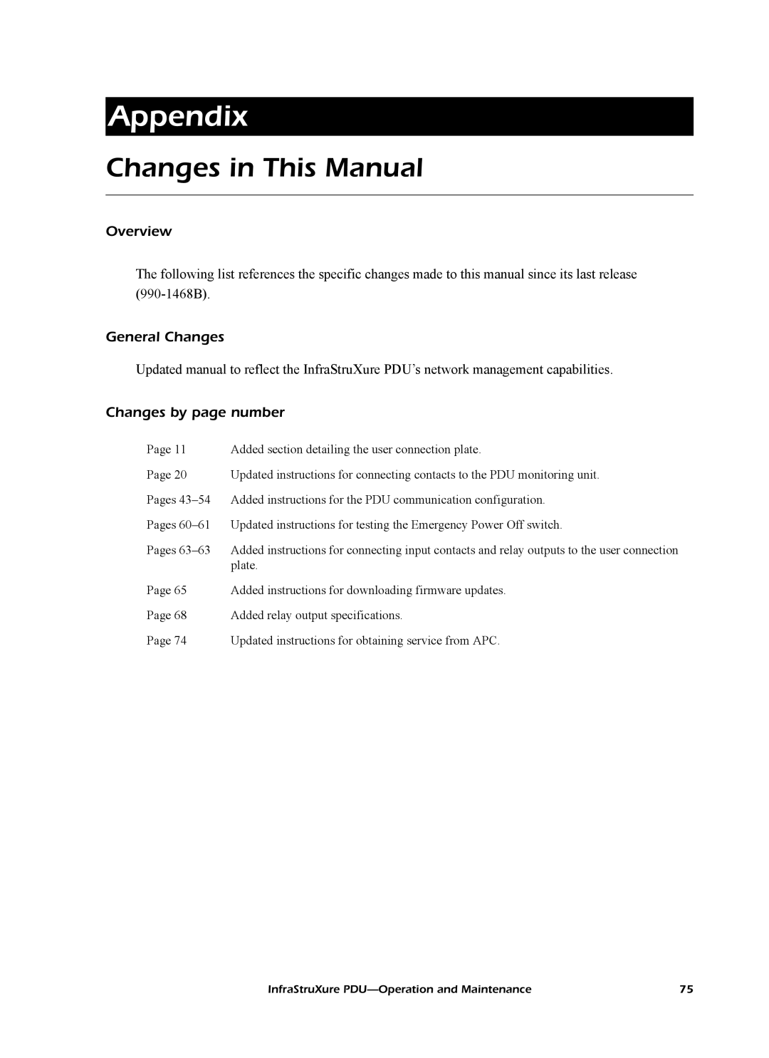 American Power Conversion PD80KL6FK1-M manual Appendix, Changes in This Manual, General Changes, Changes by page number 