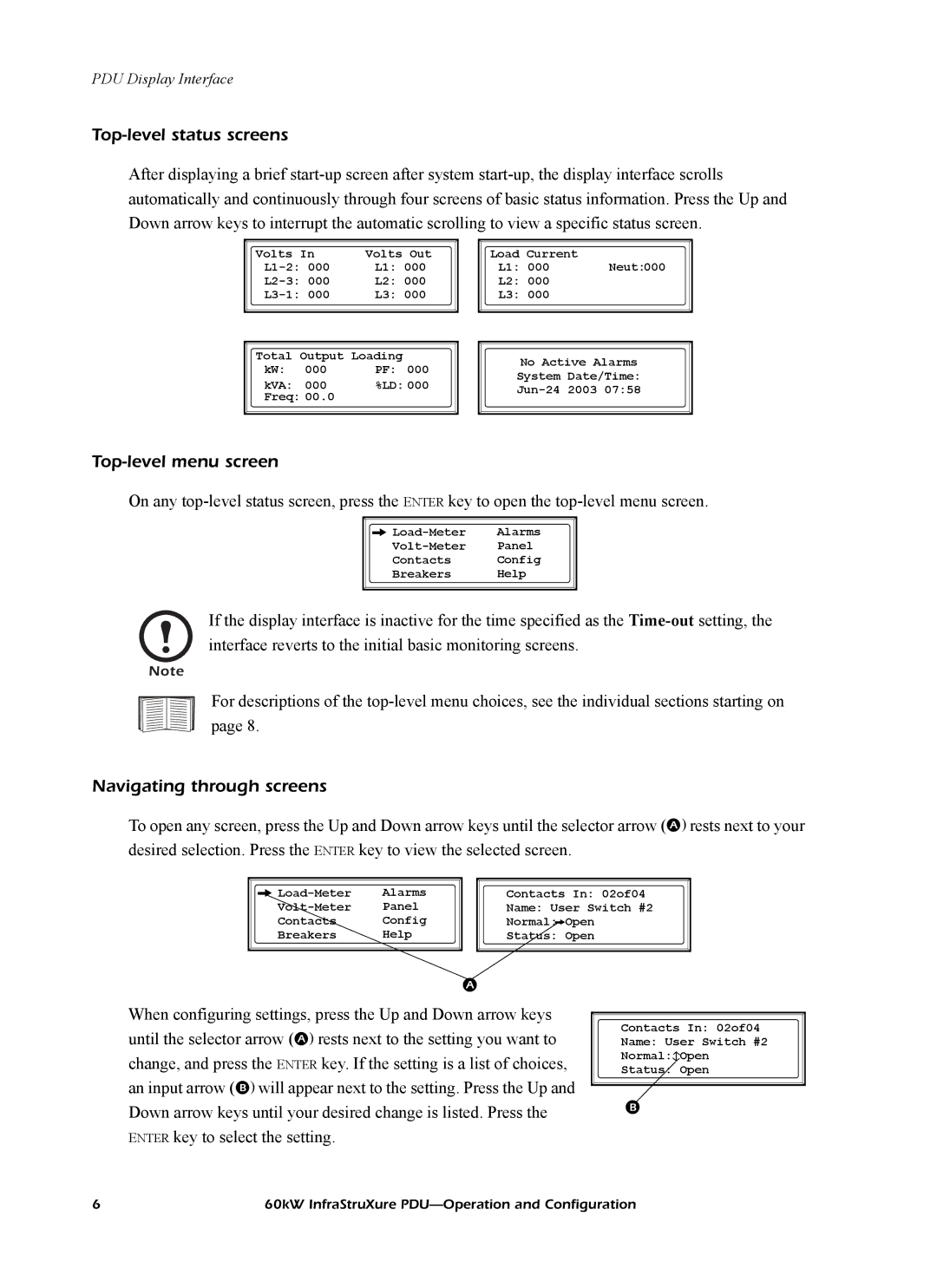 American Power Conversion PDRPPH1000 manual Top-level status screens, Top-level menu screen, Navigating through screens 