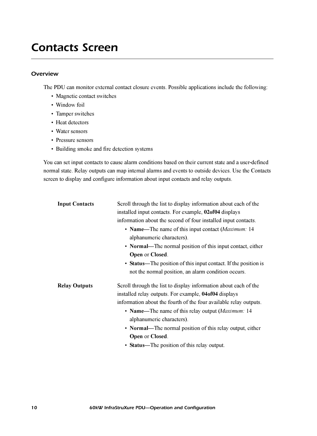 American Power Conversion PDRPPH1000, PD60H5HK1 Contacts Screen, Overview, Input Contacts, Open or Closed, Relay Outputs 