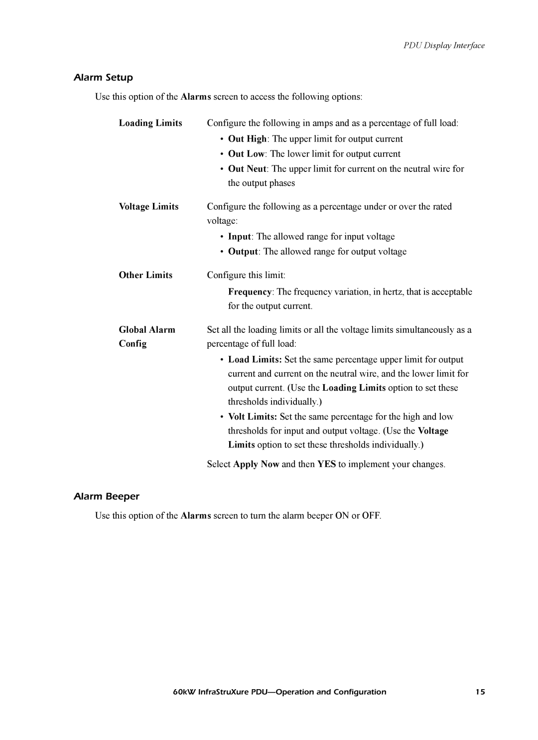 American Power Conversion PD60H5HK1, PDRPPH1000 manual Loading Limits, Voltage Limits, Other Limits, Global Alarm, Config 