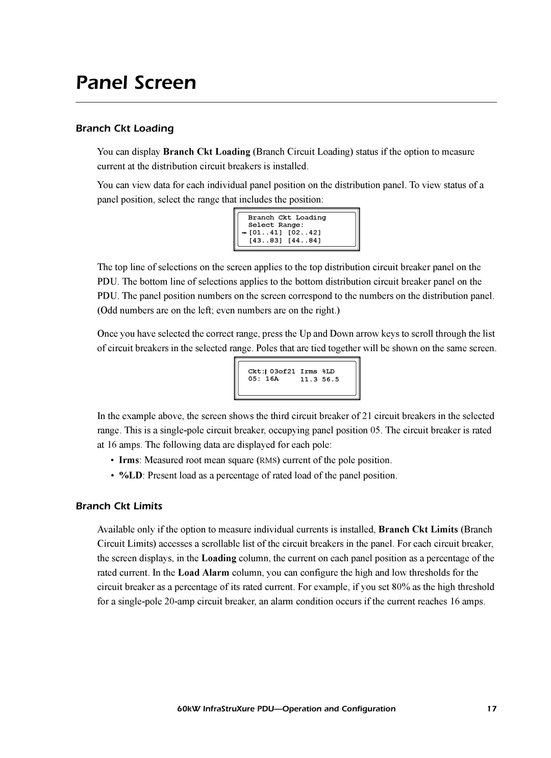 American Power Conversion PD60H5HK1, PDRPPH1000 manual Panel Screen, Branch Ckt Loading, Branch Ckt Limits 