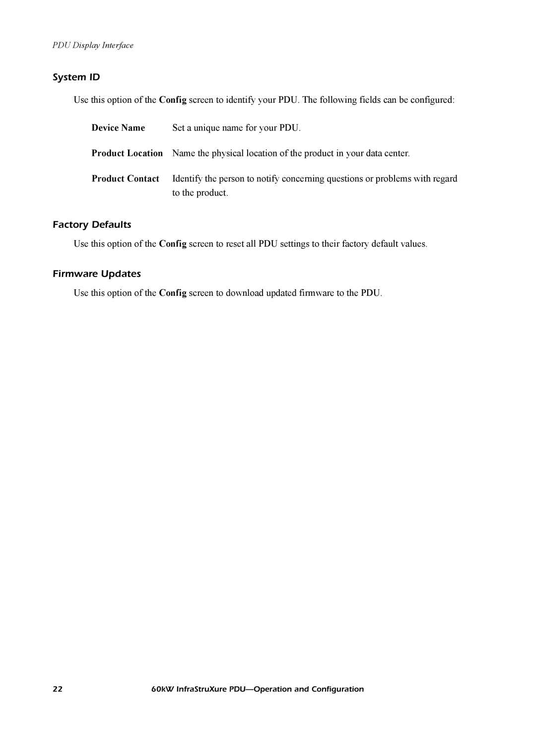 American Power Conversion PDRPPH1000, PD60H5HK1 manual System ID, Factory Defaults, Firmware Updates 