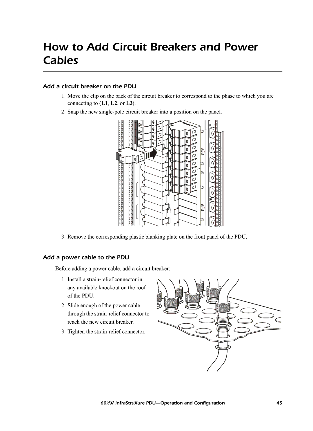 American Power Conversion PD60H5HK1 manual How to Add Circuit Breakers and Power Cables, Add a circuit breaker on the PDU 