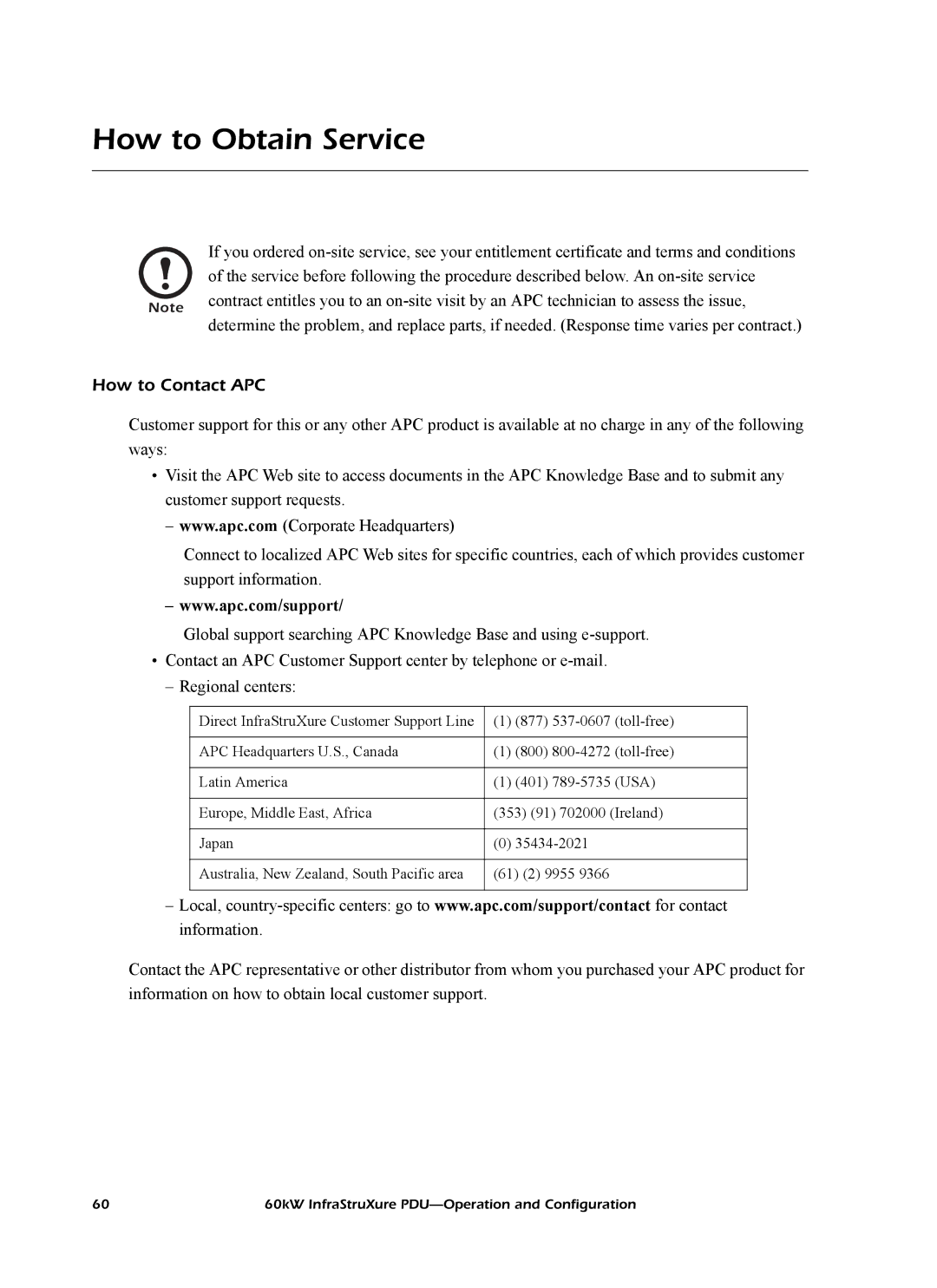 American Power Conversion PDRPPH1000, PD60H5HK1 manual How to Obtain Service, How to Contact APC 