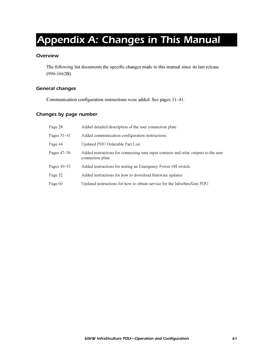 American Power Conversion PD60H5HK1, PDRPPH1000 Appendix a Changes in This Manual, General changes, Changes by page number 