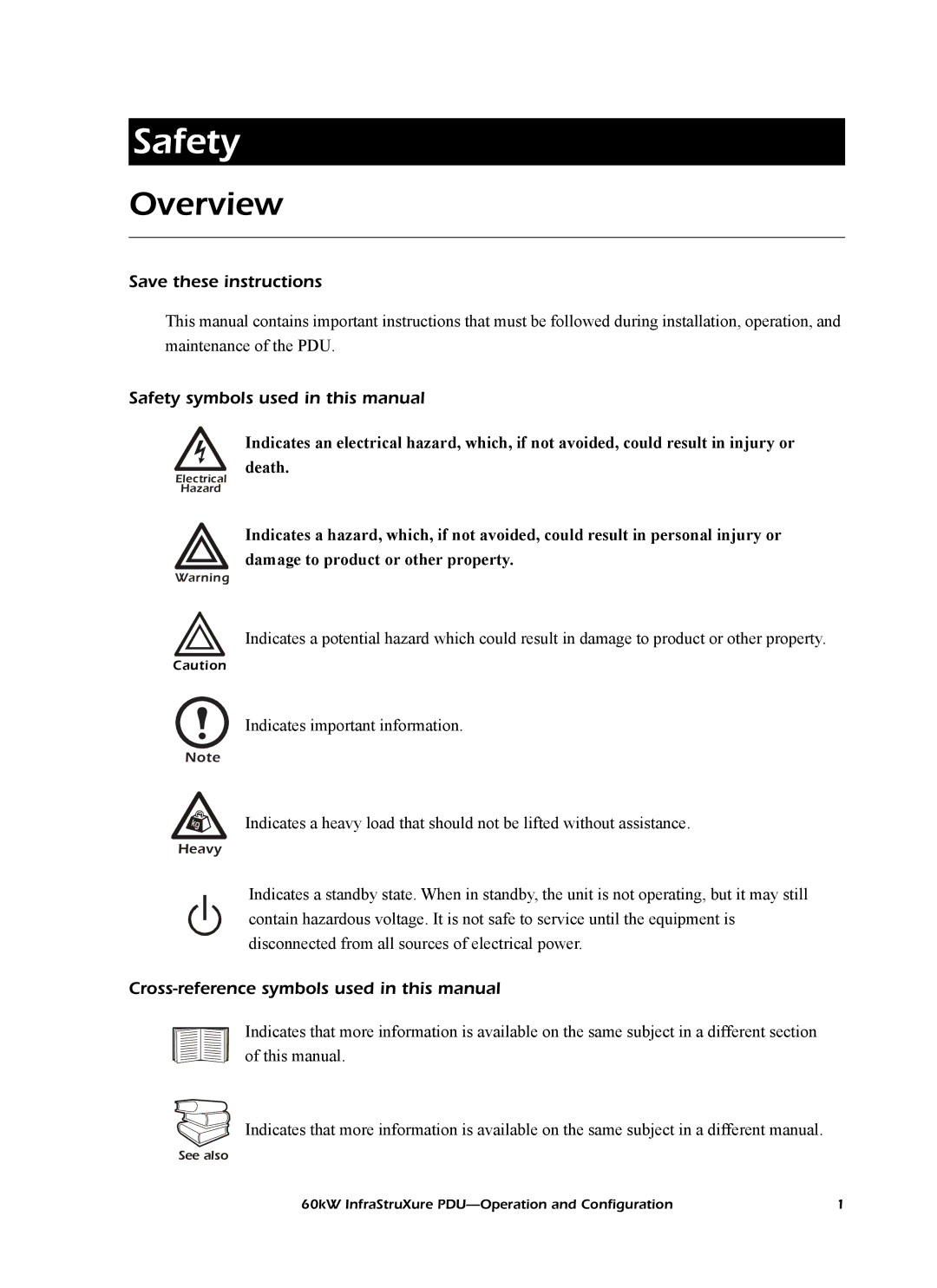 American Power Conversion PD60H5HK1, PDRPPH1000 Overview, Safety symbols used in this manual 