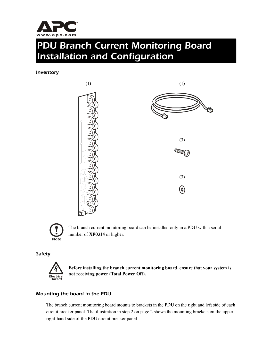 American Power Conversion manual Inventory Safety, Mounting the board in the PDU 