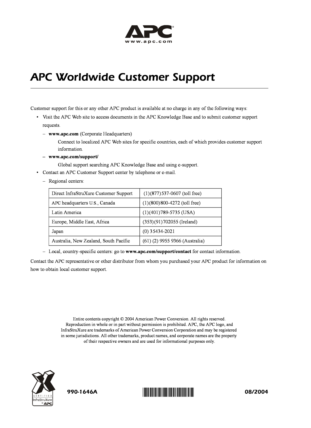 American Power Conversion PDU manual 990-1646A, 08/2004, APC Worldwide Customer Support 