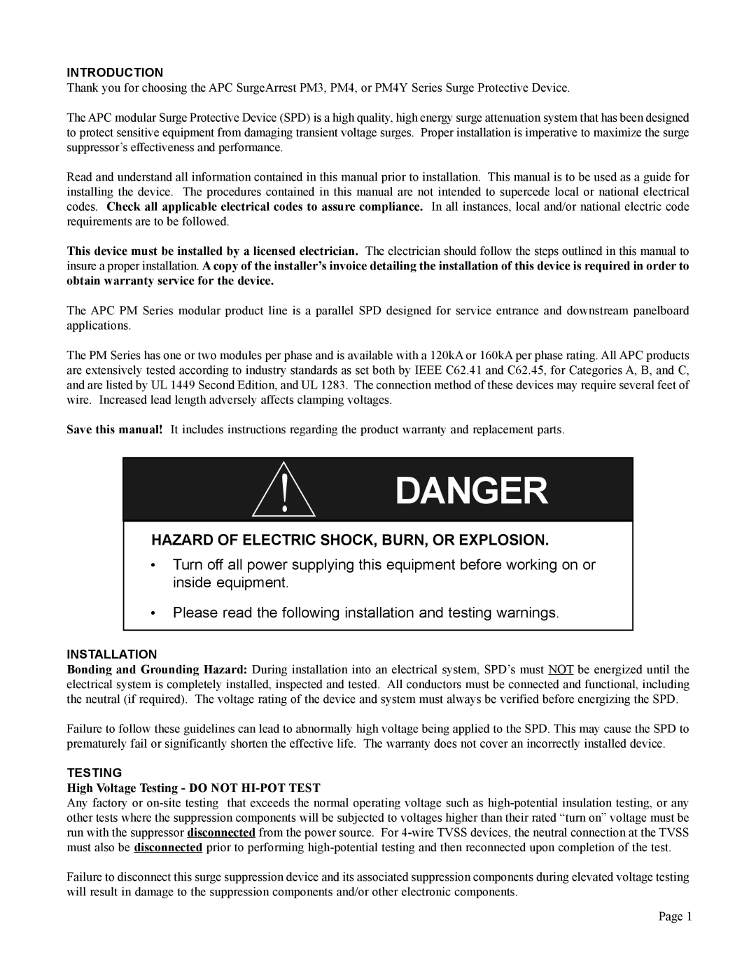 American Power Conversion PM3, PM4Y user manual Introduction, Installation, Testing 