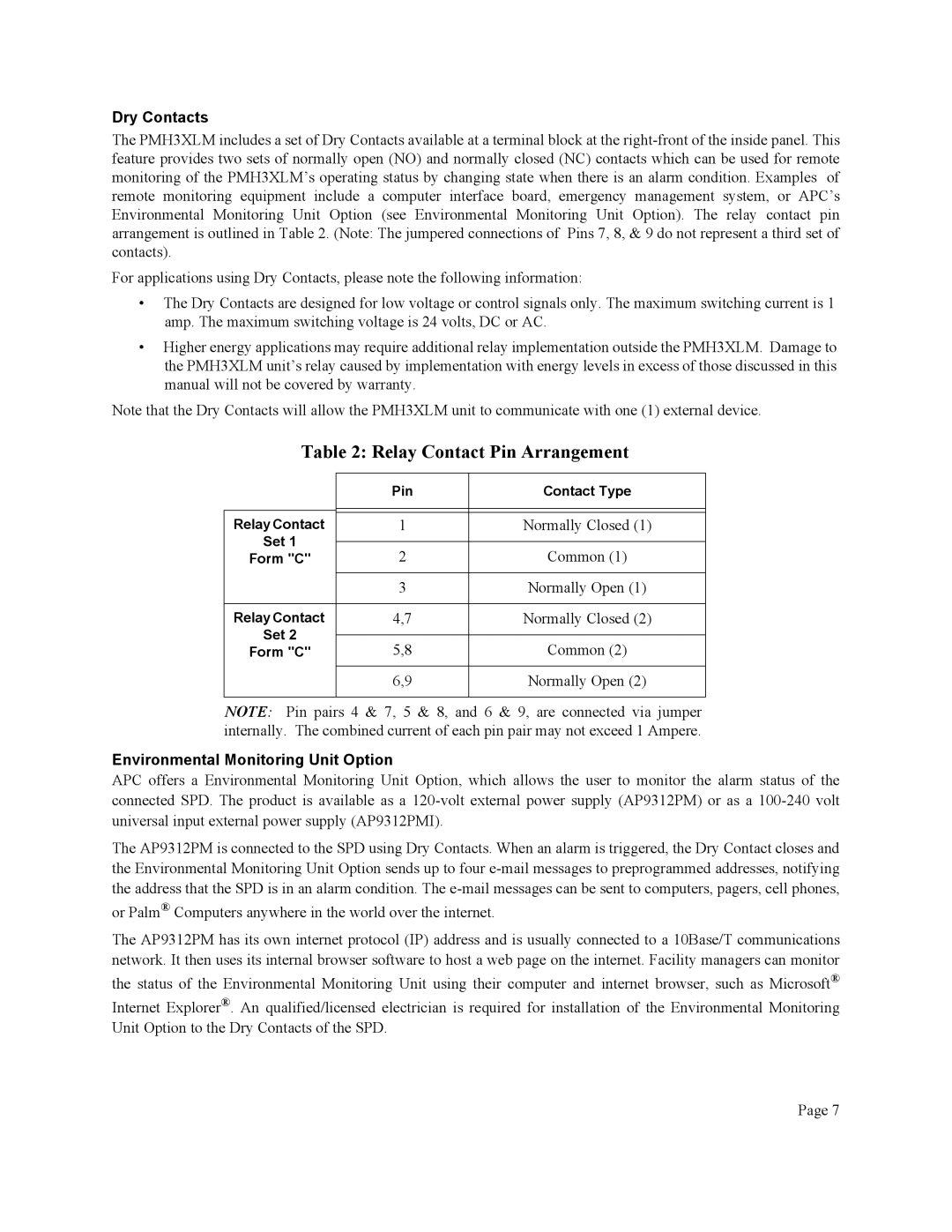 American Power Conversion PMH3XLM user manual Dry Contacts, Environmental Monitoring Unit Option 