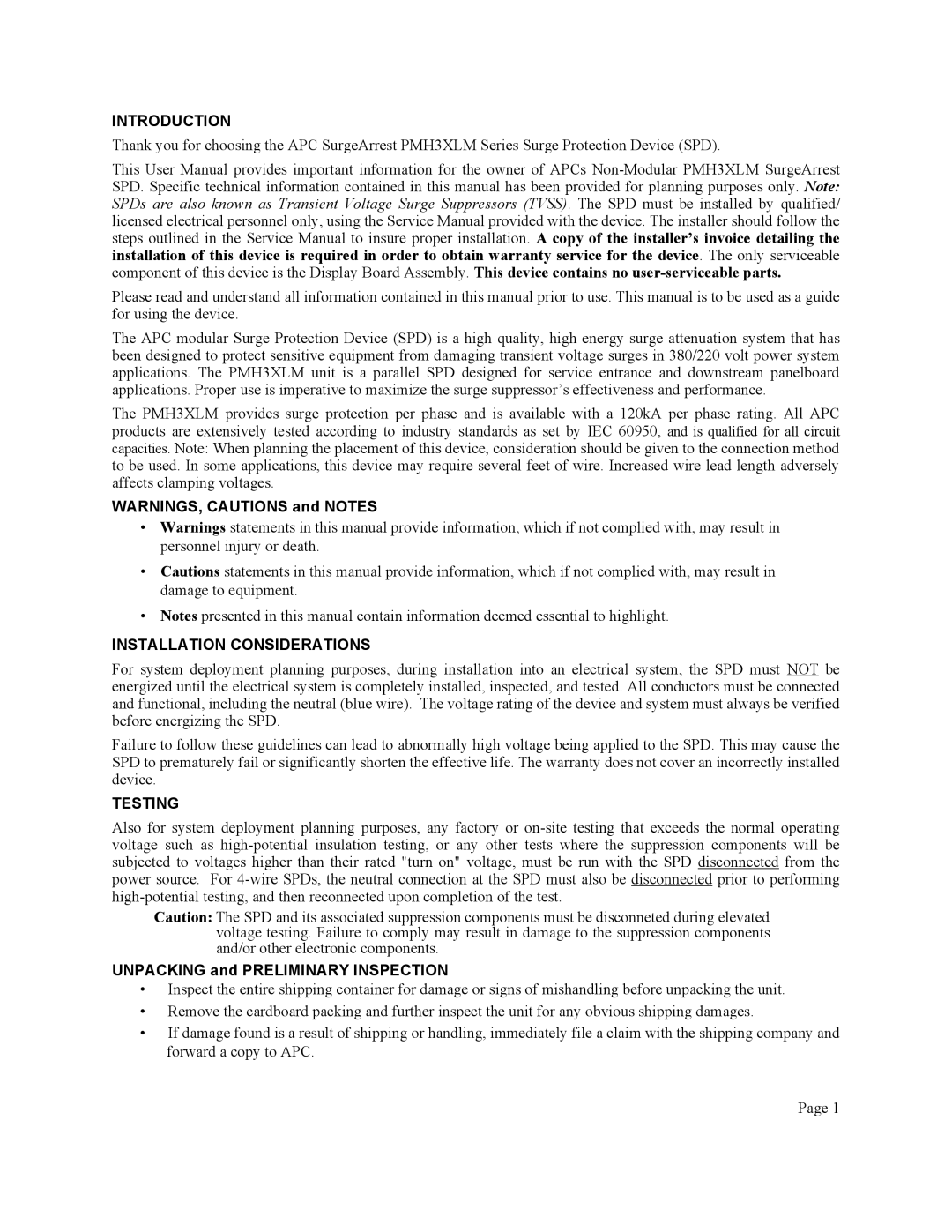 American Power Conversion PMH3XLM Introduction, Installation Considerations, Testing, Unpacking and Preliminary Inspection 