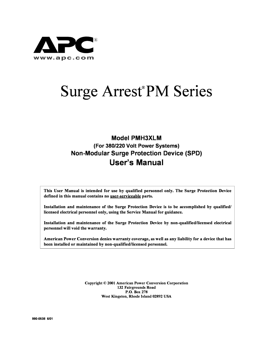 American Power Conversion user manual Surge Arrest PM Series, User’s Manual, Model PMH3XLM 