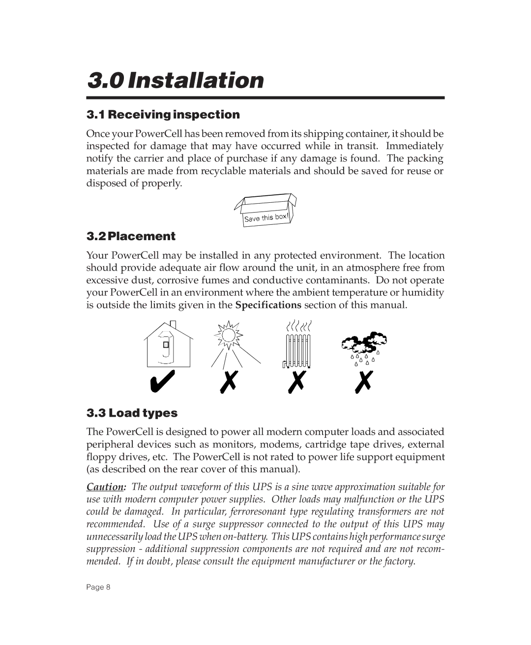 American Power Conversion POWERCELL user manual Installation, Receiving inspection, Placement, Load types 