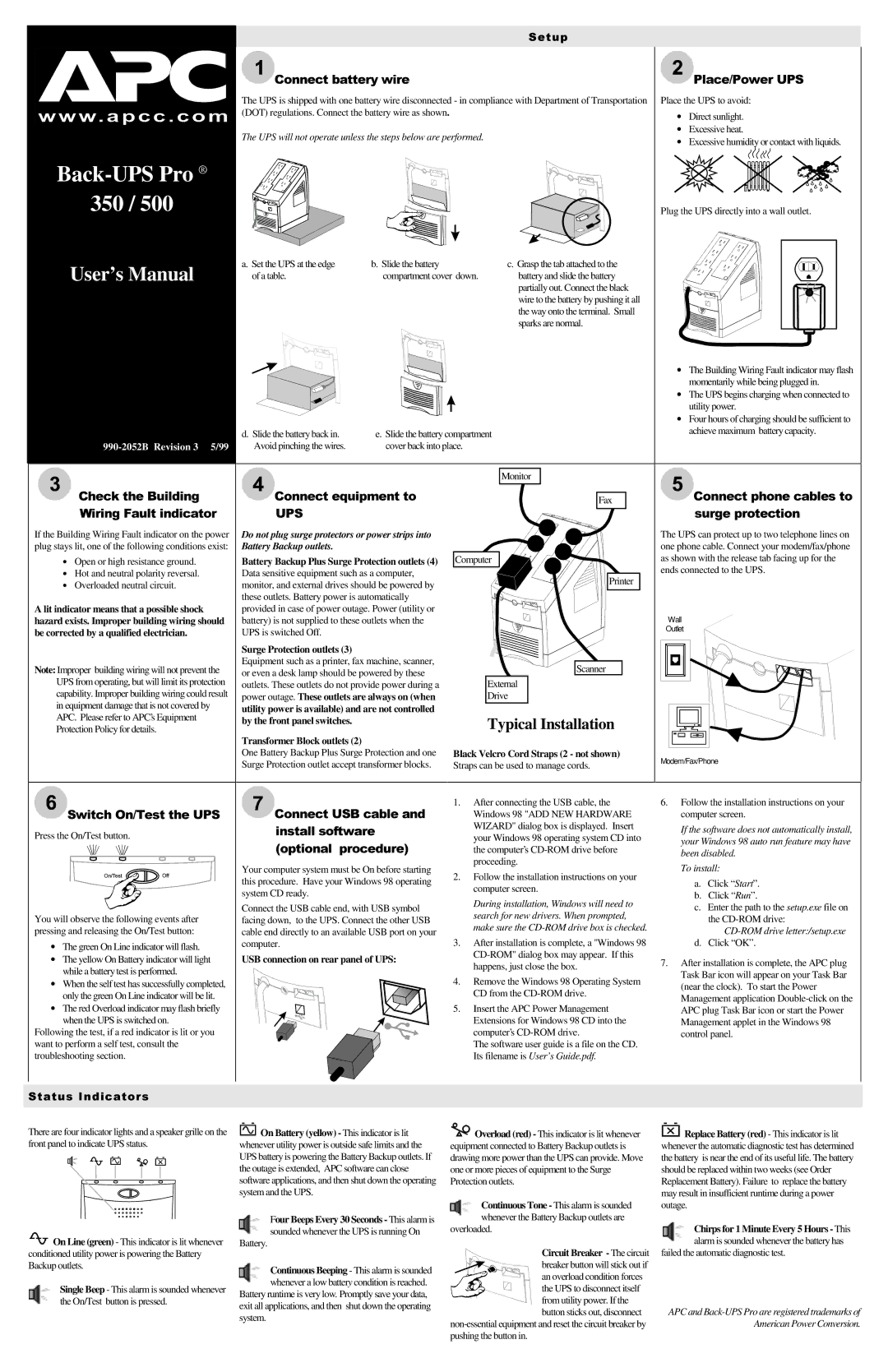 American Power Conversion Pro 350 / 500 user manual Rqqhfwedwwhu\Zluh, Khfnwkh%Xloglqj, 6ZLWFK2Q7HVWWKH836 