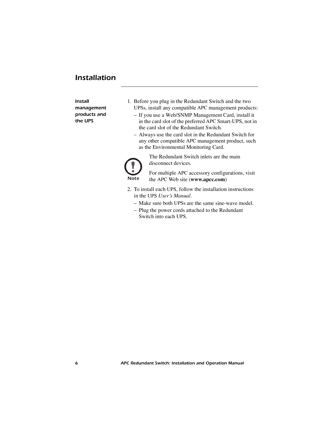 American Power Conversion Redundant Switch operation manual Installation 