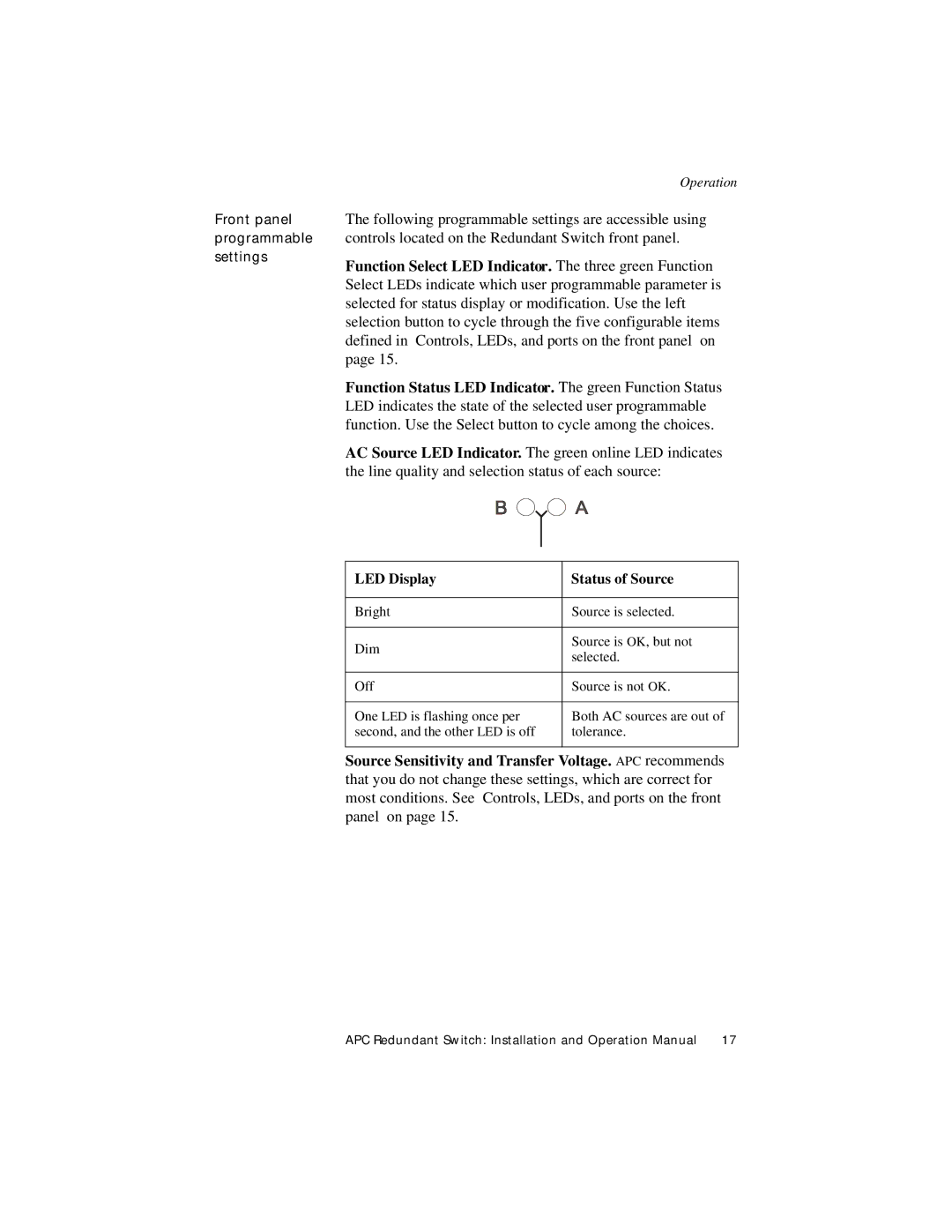 American Power Conversion Redundant Switch operation manual Function Select LED Indicator. The three green Function 