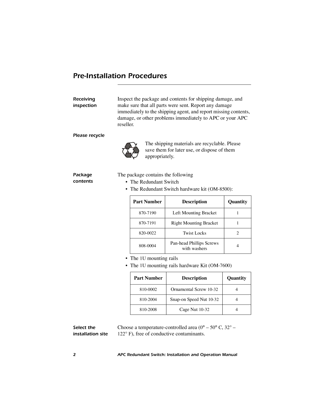 American Power Conversion Redundant Switch operation manual Pre-Installation Procedures, Part Number Description Quantity 