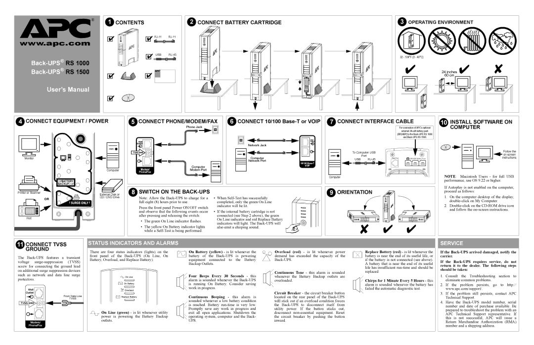 American Power Conversion RS 1000 user manual Contents CON Nect Battery Cartridge, Connect Interface Cable, Computer 