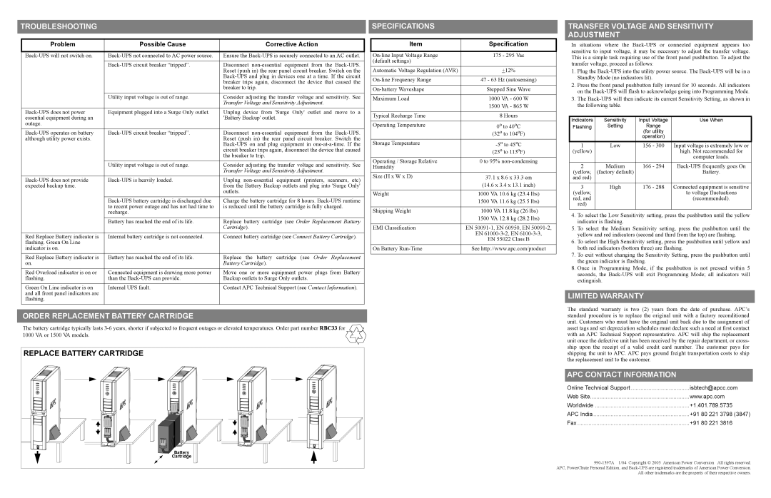 American Power Conversion RS 1000 user manual Specifications, Limited Warranty, APC Contact Information 