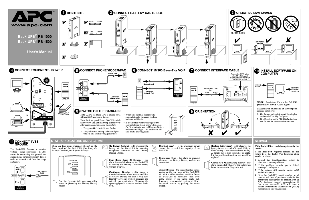 American Power Conversion RS 1000 user manual Contents, Con Nect Battery Cartridge, Connect Equipment / Power, Computer 