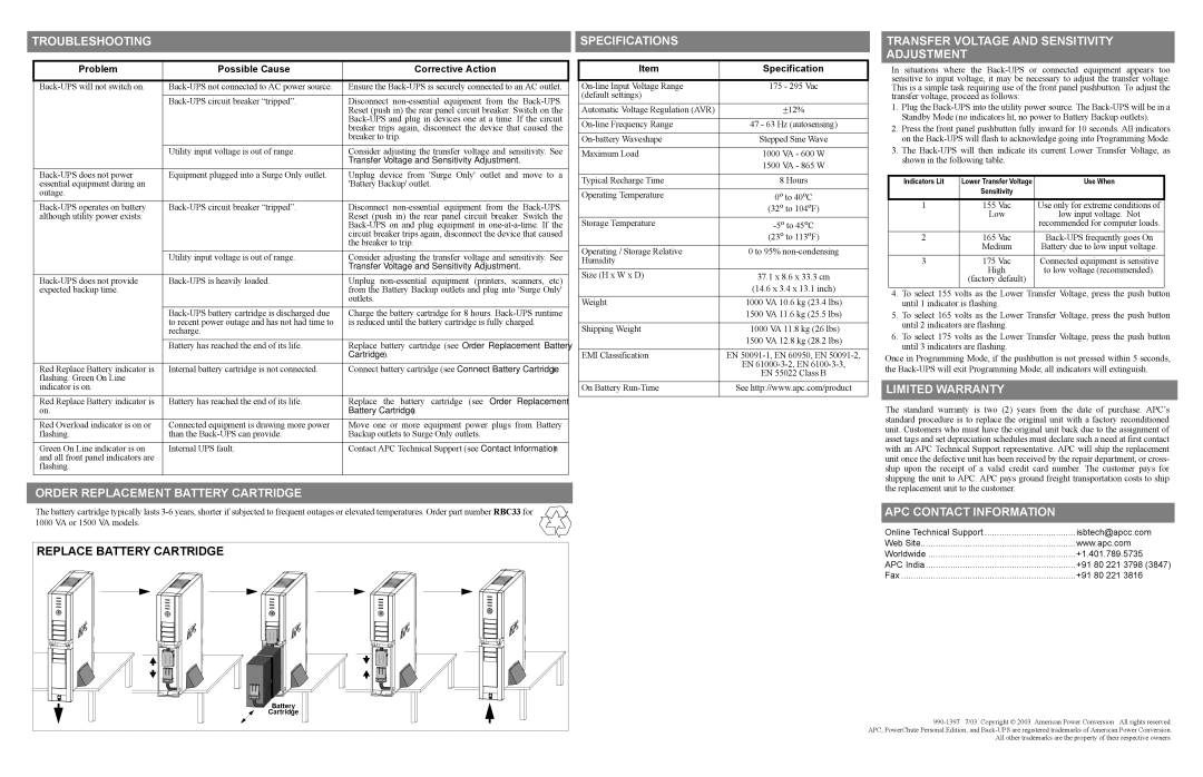 American Power Conversion RS 1500 user manual Specifications, Limited Warranty, APC Contact Information 