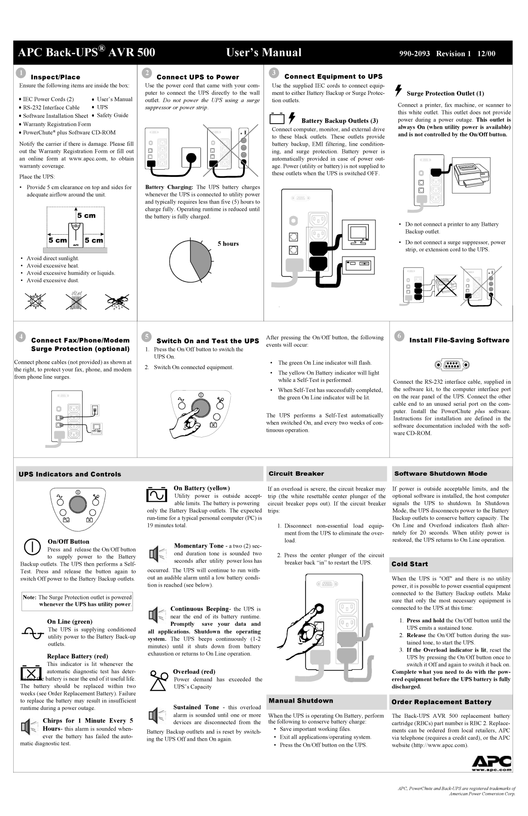 American Power Conversion RS-232 user manual Connect Equipment to UPS Inspect/Place Connect UPS to Power, Cold Start 