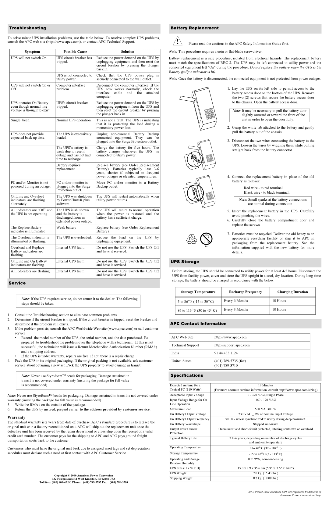 American Power Conversion RS-232 Troubleshooting Battery Replacement, UPS Storage, Service, APC Contact Information 