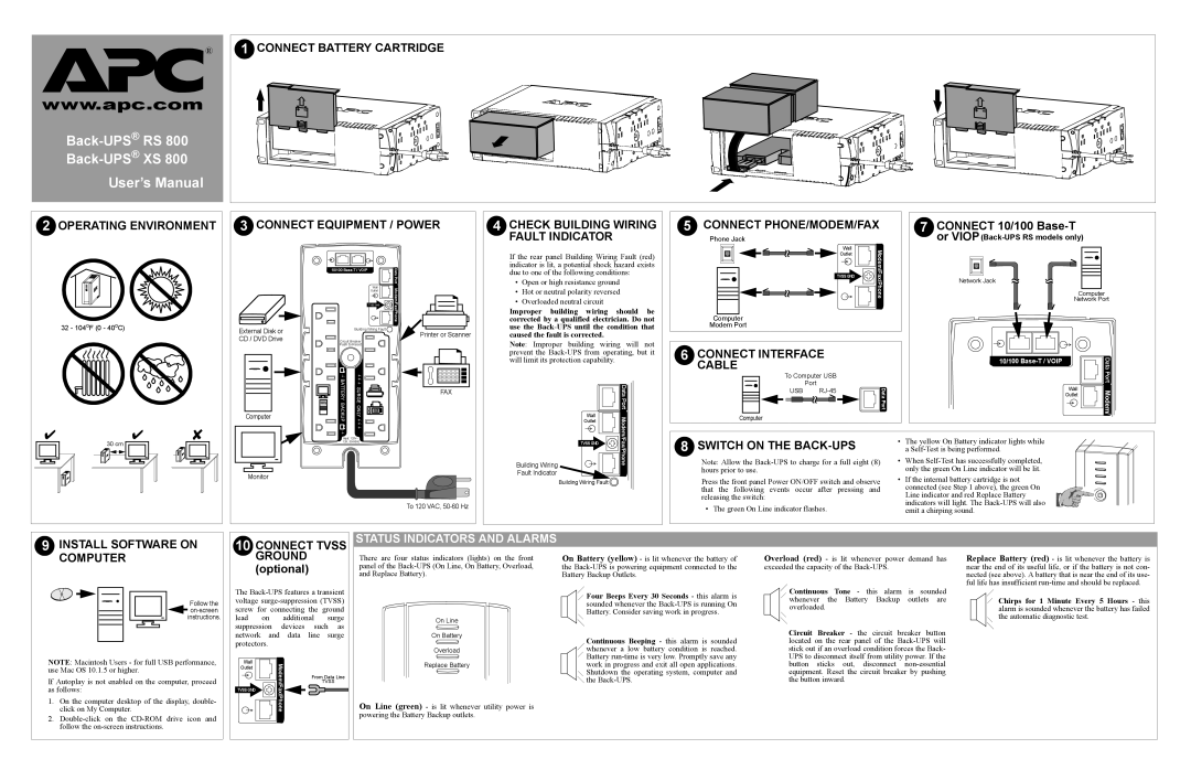 American Power Conversion RS 800 user manual Install Software on, Connect Tvss, Status Indicators and Alarms 