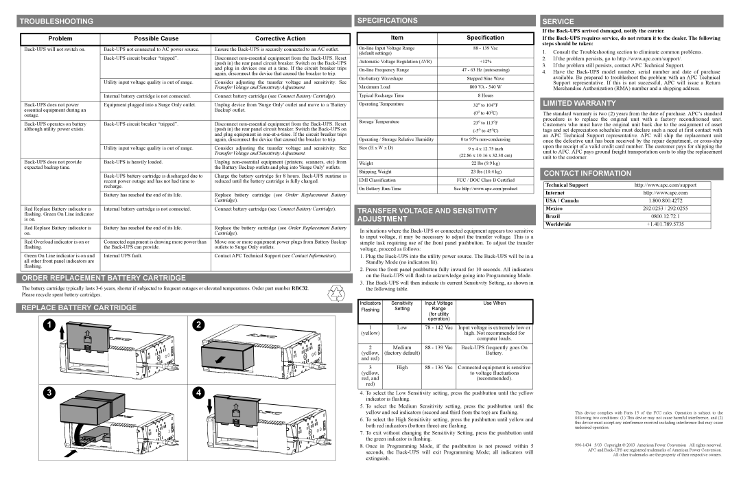 American Power Conversion RS 800 Troubleshooting, Service, Order Replacement Battery Cartridge, Limited Warranty 