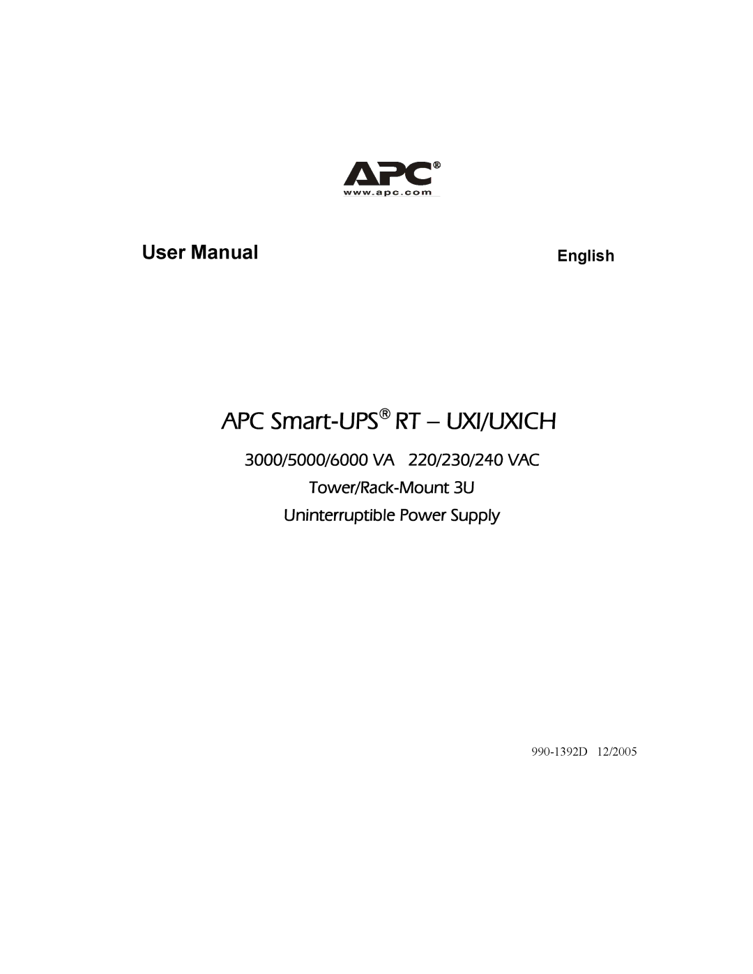 American Power Conversion RT-UXICH user manual APC Smart-UPSRT UXI/UXICH 