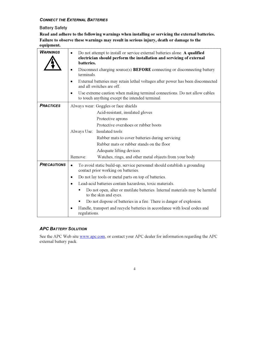 American Power Conversion RT-UXICH user manual Battery Safety 