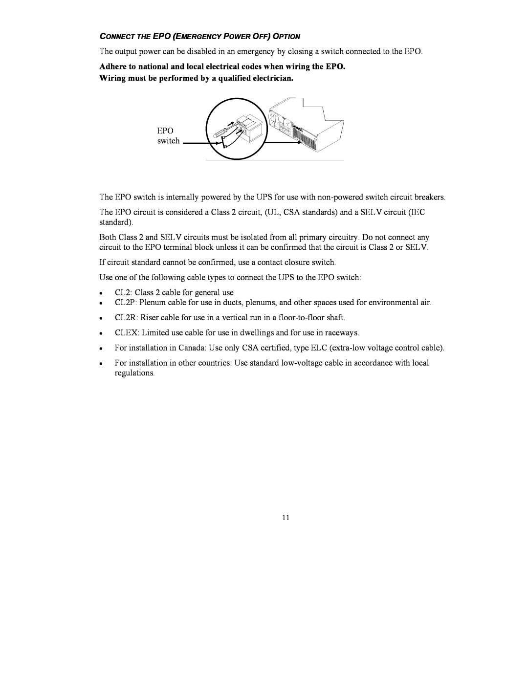 American Power Conversion RT-UXICH user manual Adhere to national and local electrical codes when wiring the EPO 