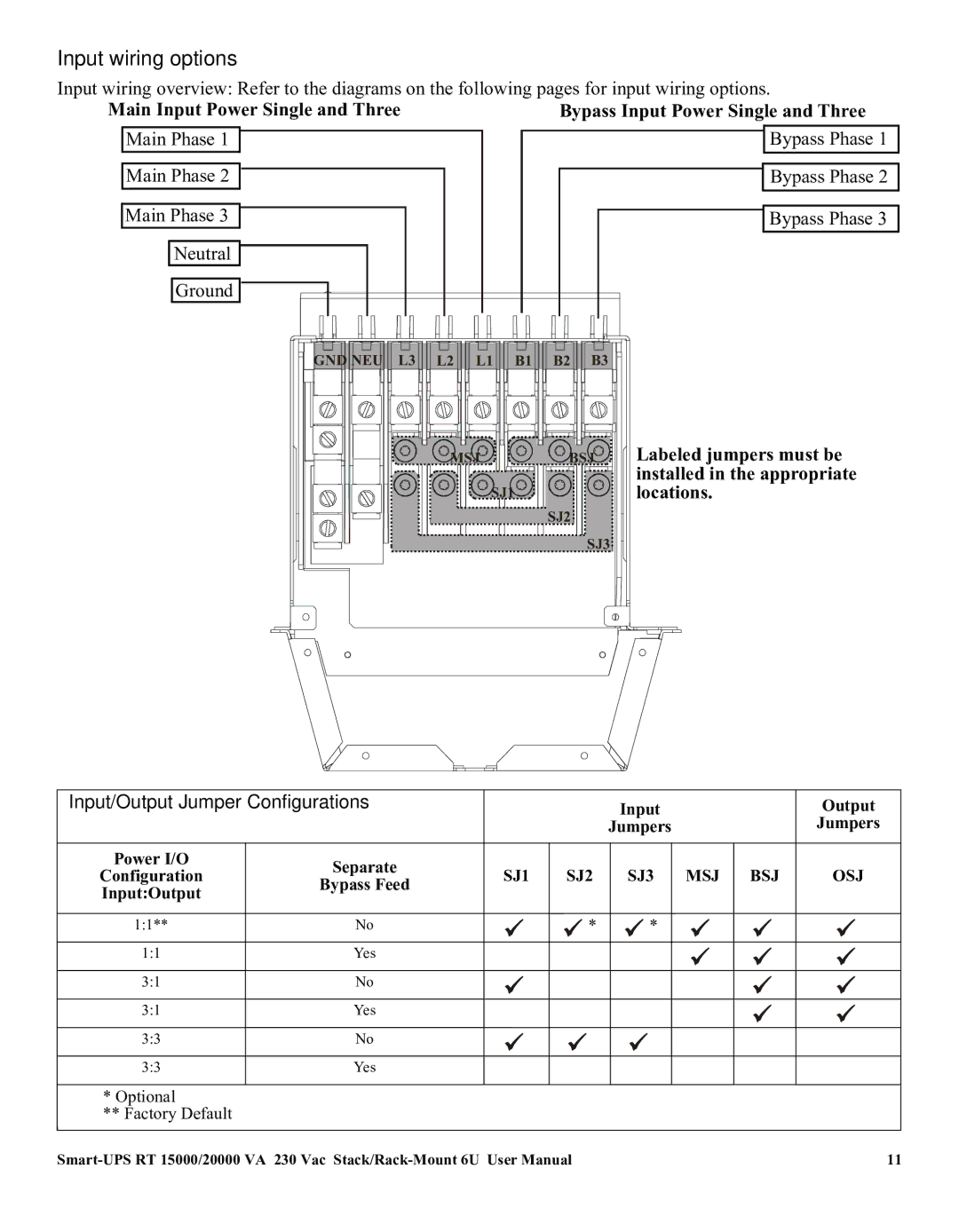 American Power Conversion RT XLI/XLICH user manual Input wiring options, Input/Output Jumper Configurations 