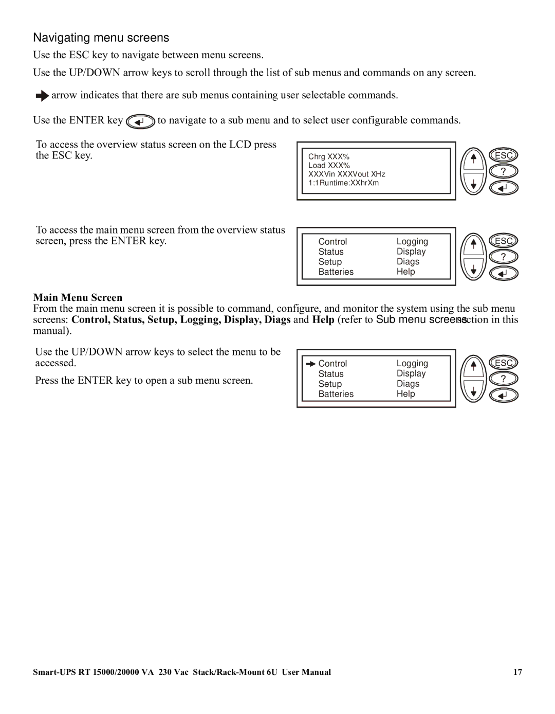 American Power Conversion RT XLI/XLICH user manual Navigating menu screens, Main Menu Screen 