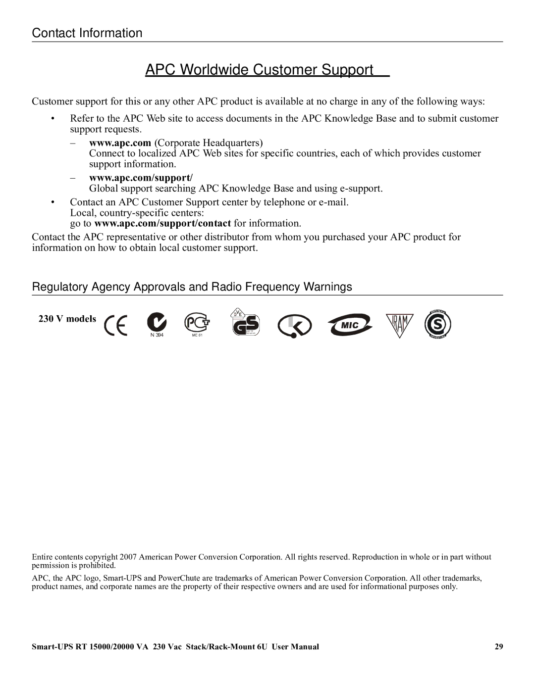 American Power Conversion RT XLI/XLICH user manual Regulatory Agency Approvals and Radio Frequency Warnings, Models 