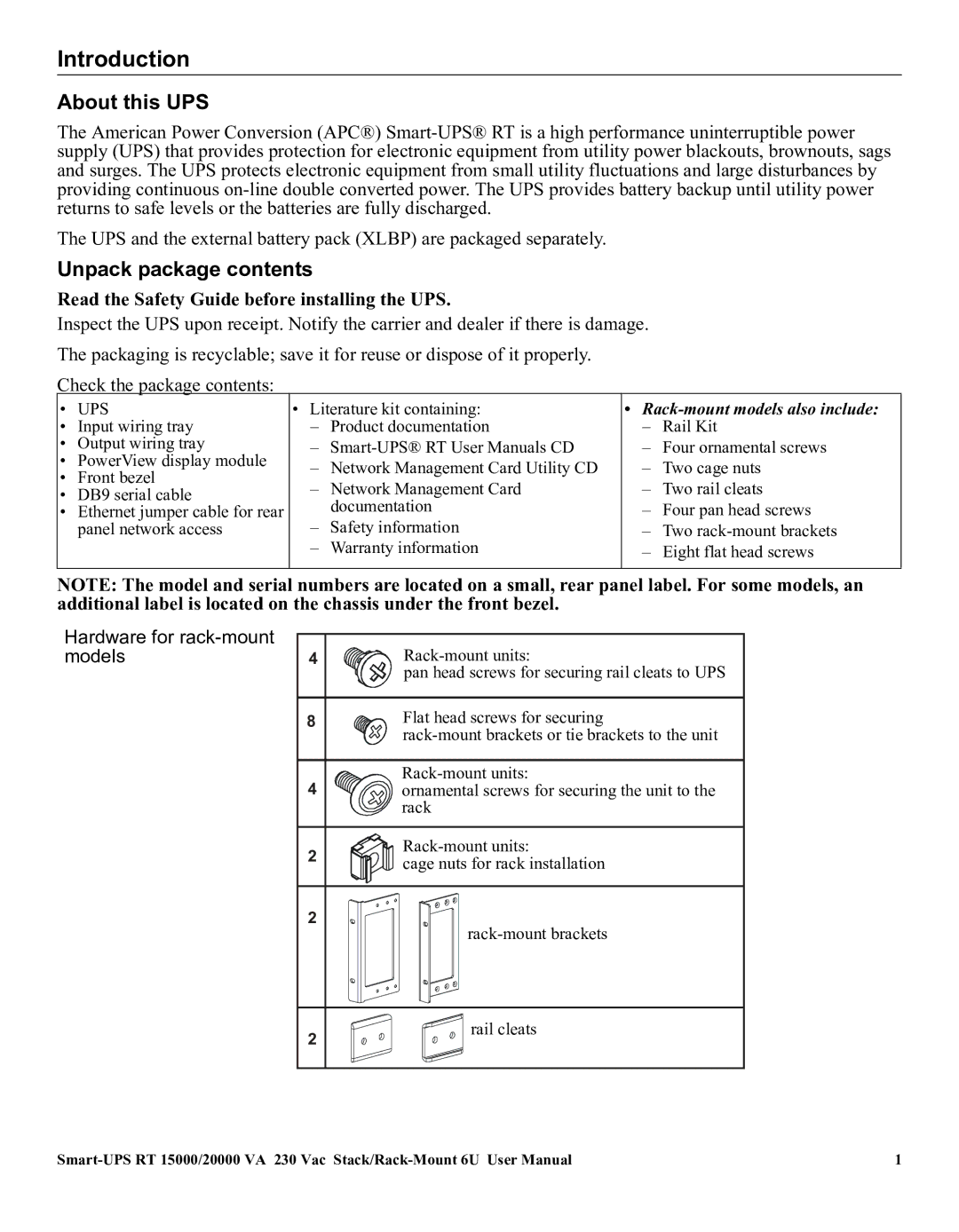 American Power Conversion RT XLI/XLICH user manual About this UPS, Unpack package contents 