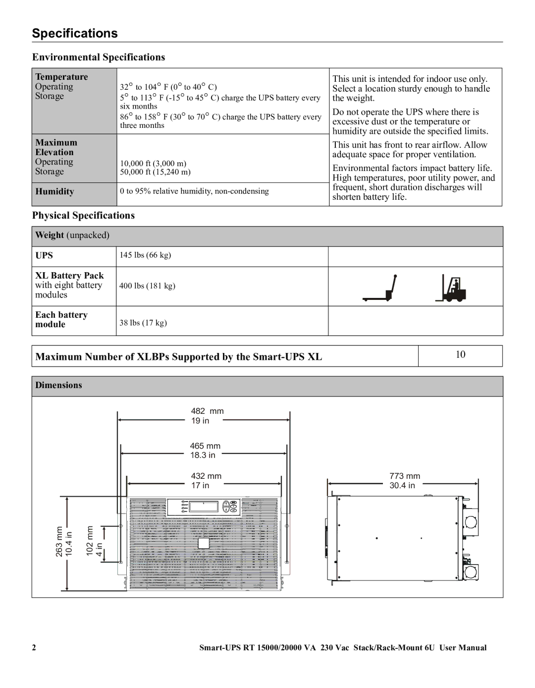 American Power Conversion RT XLI/XLICH user manual Environmental Specifications, Physical Specifications 