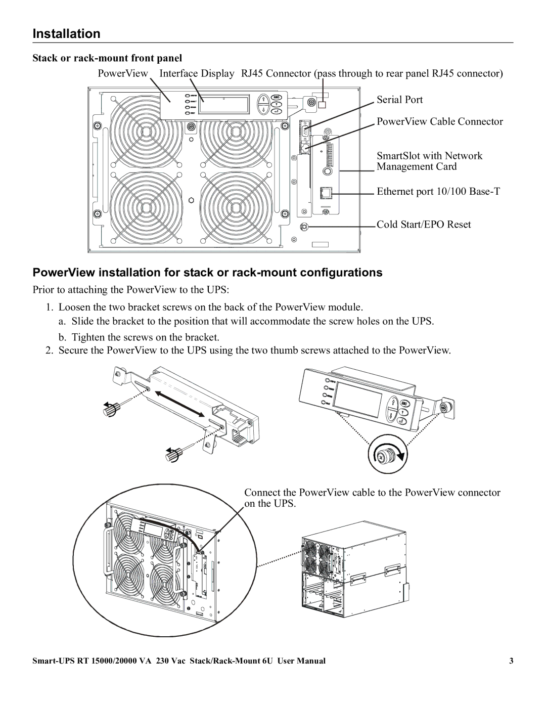 American Power Conversion RT XLI/XLICH user manual Installation, Stack or rack-mount front panel 