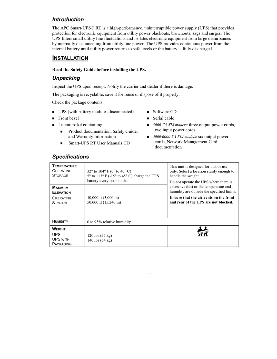 American Power Conversion RT user manual Introduction, Unpacking, Specifications 