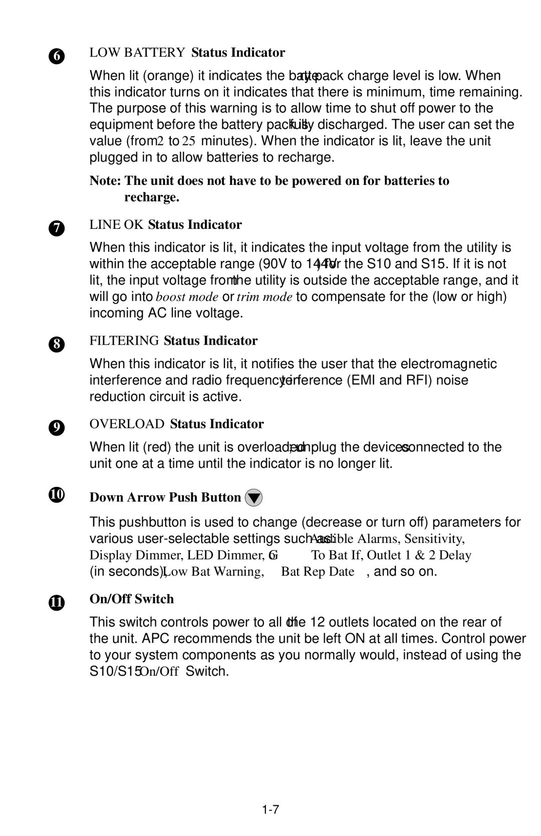 American Power Conversion S15BLK LOW Battery Status Indicator, Line OK Status Indicator, Filtering Status Indicator 