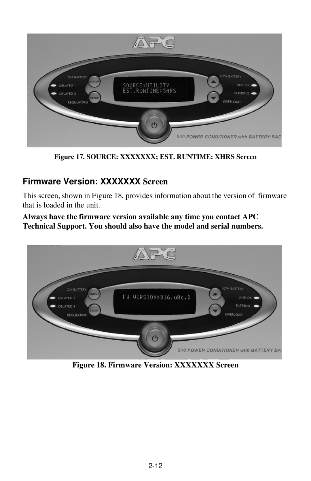 American Power Conversion S15BLK owner manual Firmware Version Xxxxxxx Screen 