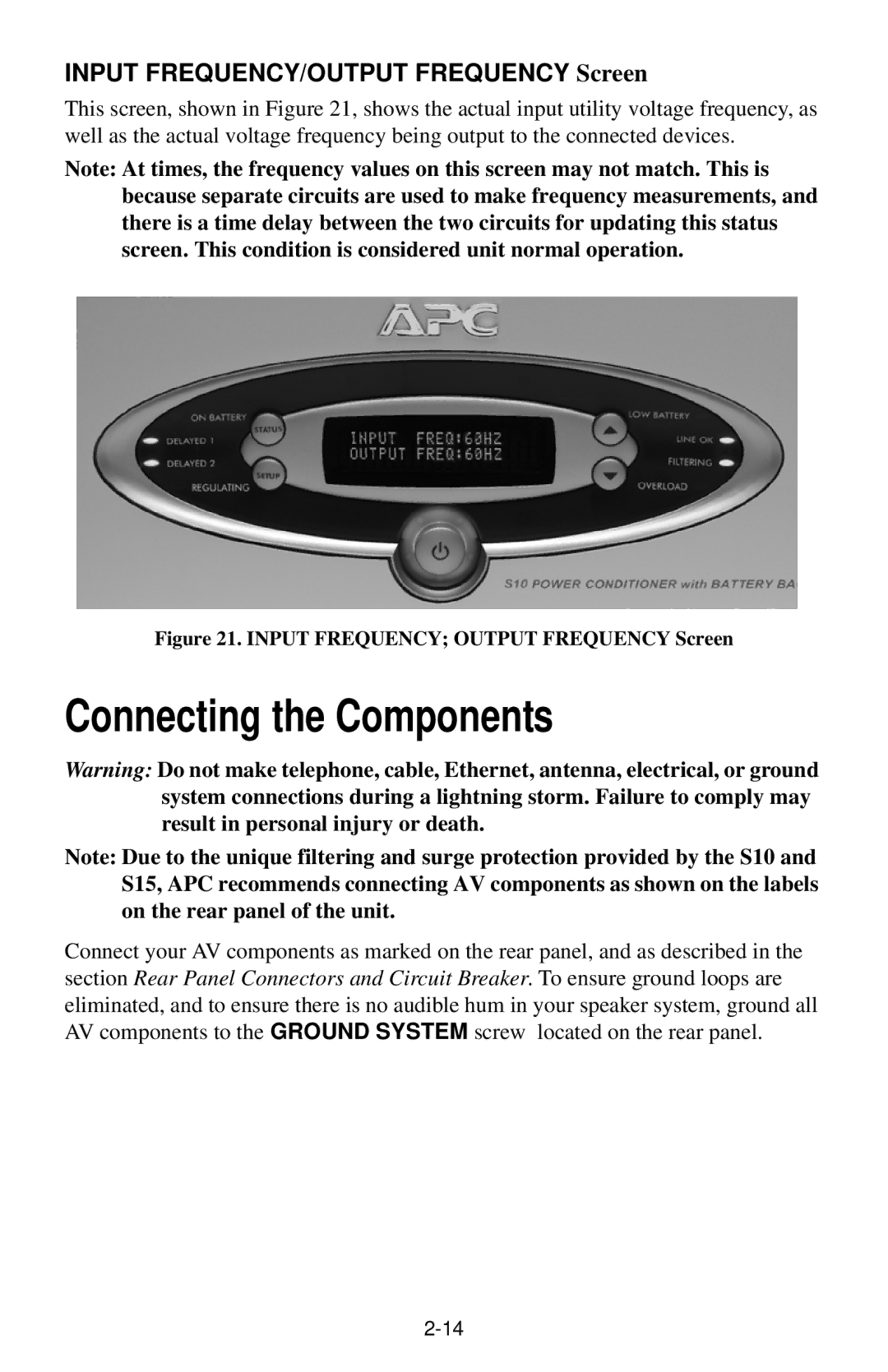 American Power Conversion S15BLK owner manual Connecting the Components, Input FREQUENCY/OUTPUT Frequency Screen 