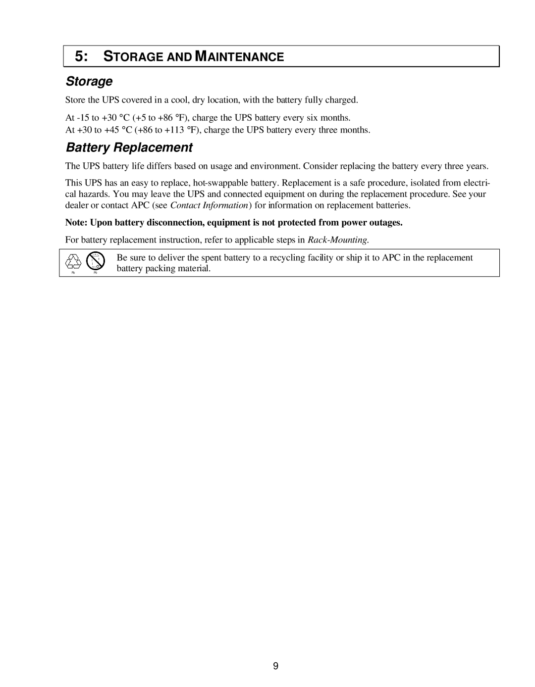 American Power Conversion 250 VA, SC450RM1U, 450 VA user manual Storage, Battery Replacement 