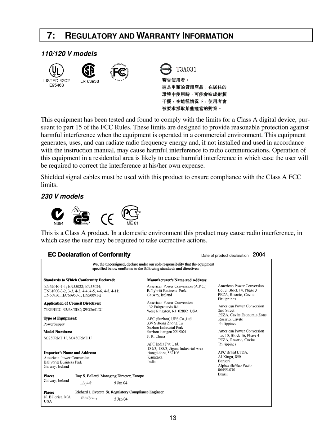 American Power Conversion SC450RM1U, 450 VA, 250 VA user manual Regulatory and Warranty Information 