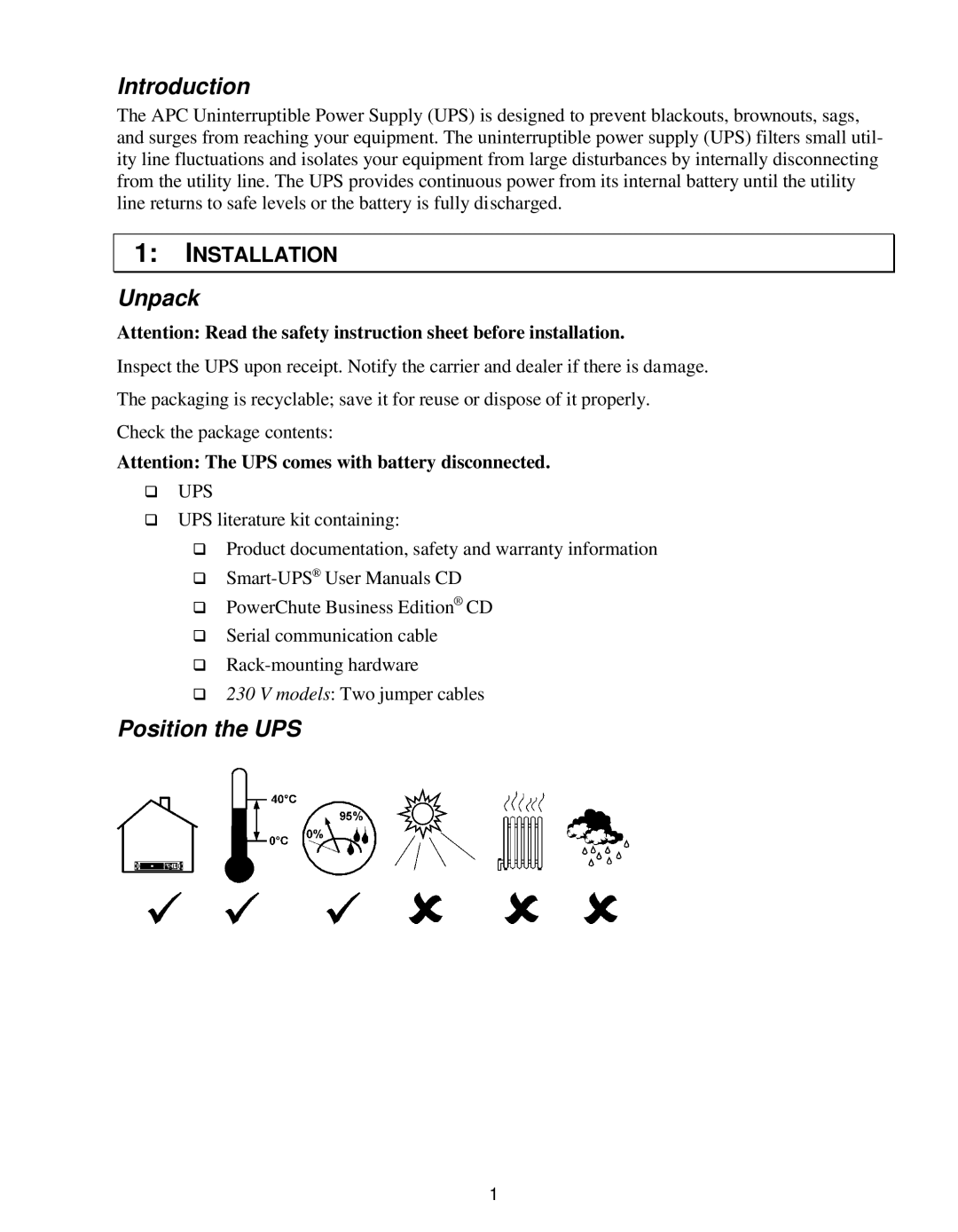 American Power Conversion SC450RM1U, 450 VA, 250 VA user manual Introduction, Unpack, Position the UPS 