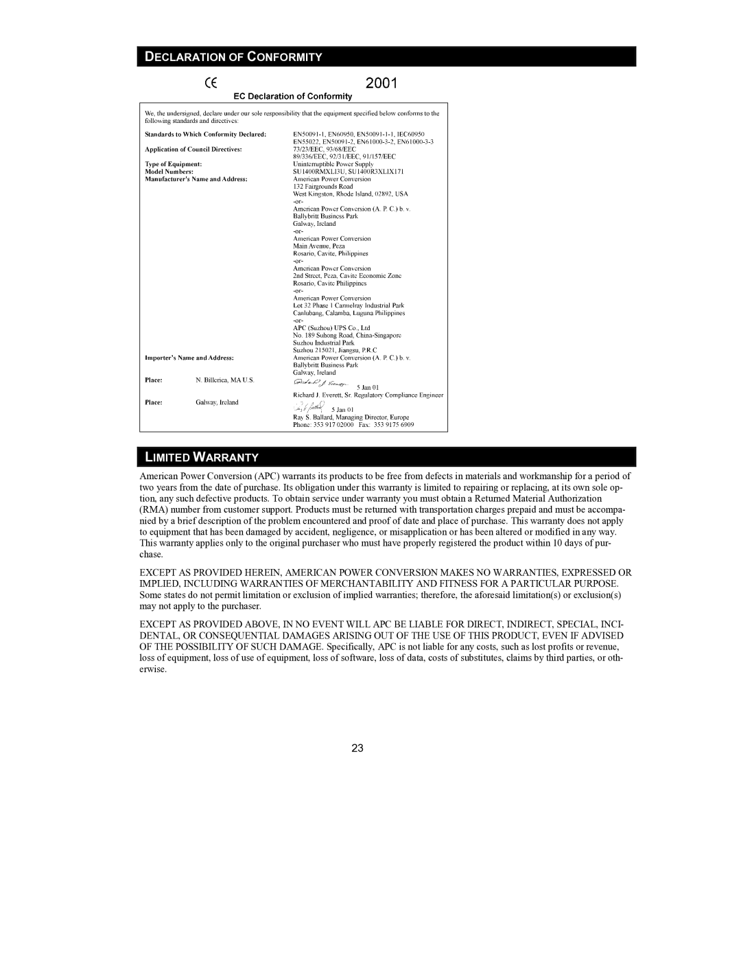 American Power Conversion SSPCBE25, SL-300TFX, SL 300TFX, SURT48XLBP, 230VAC Declaration of Conformity Limited Warranty 