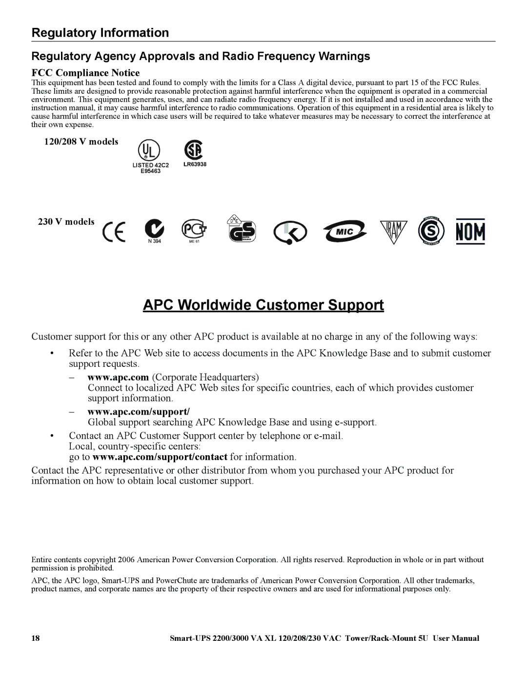 American Power Conversion 2200 VA XL Regulatory Information, Regulatory Agency Approvals and Radio Frequency Warnings 