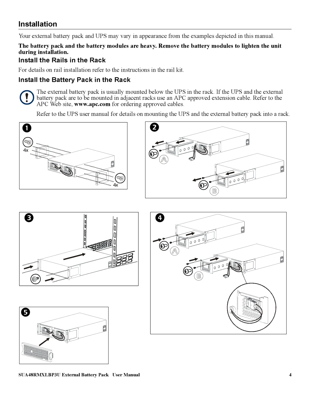 American Power Conversion SUA48RMXLBP3U Installation, Install the Rails in the Rack, Install the Battery Pack in the Rack 